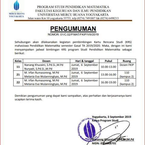 Pengumuman Bimbingan KRS Semester Gasal TA 2019/2020 Prodi Pendidikan Matematika