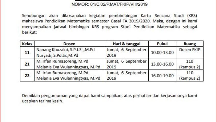 Pengumuman Bimbingan KRS Semester Gasal TA 2019/2020 Prodi Pendidikan Matematika