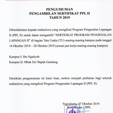 Pengumuman Pengambilan Sertifikat PPL II Tahun 2019